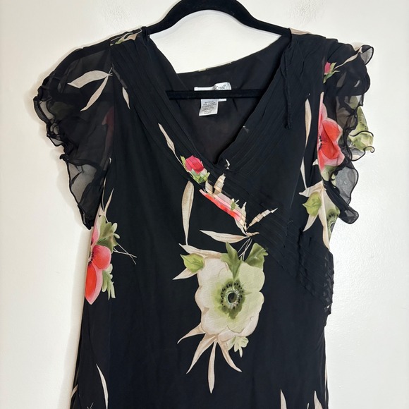 Coldwater Creek Black Floral Flutter Sleeve Midi Dress Size 14 Silk - Picture 2 of 8